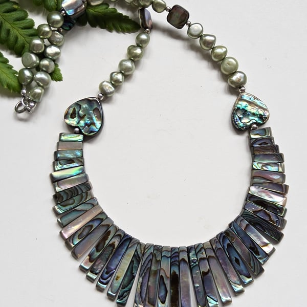 Designer Abolone Shell & Sage Green Baroque Freshwater Culture Pearl Necklace 