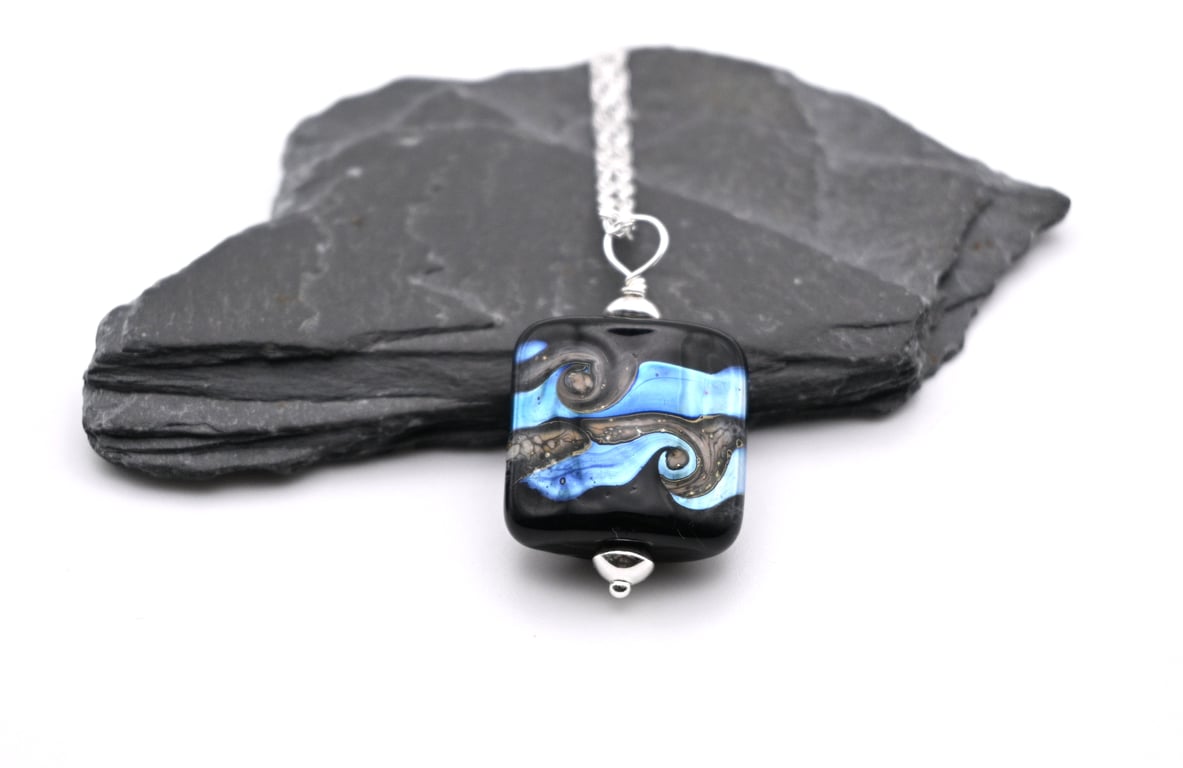 lampwork glass pendant necklace, black and silver wrapped