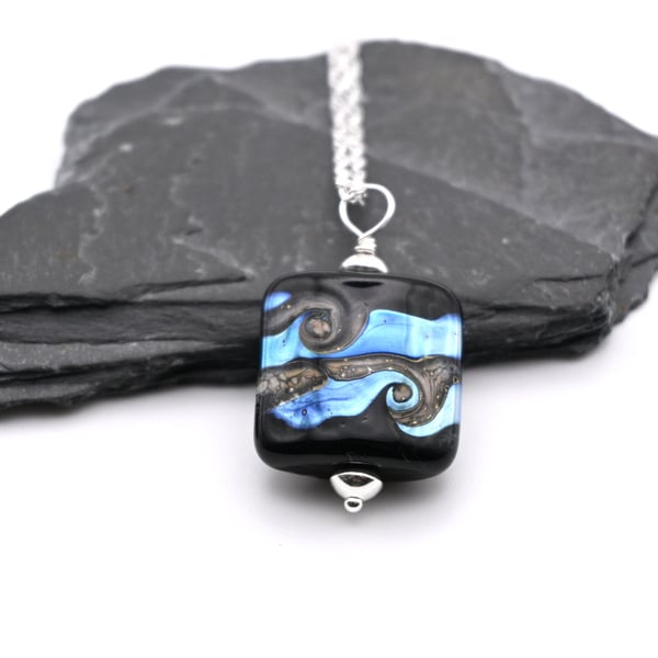 lampwork glass pendant necklace, black and silver wrapped
