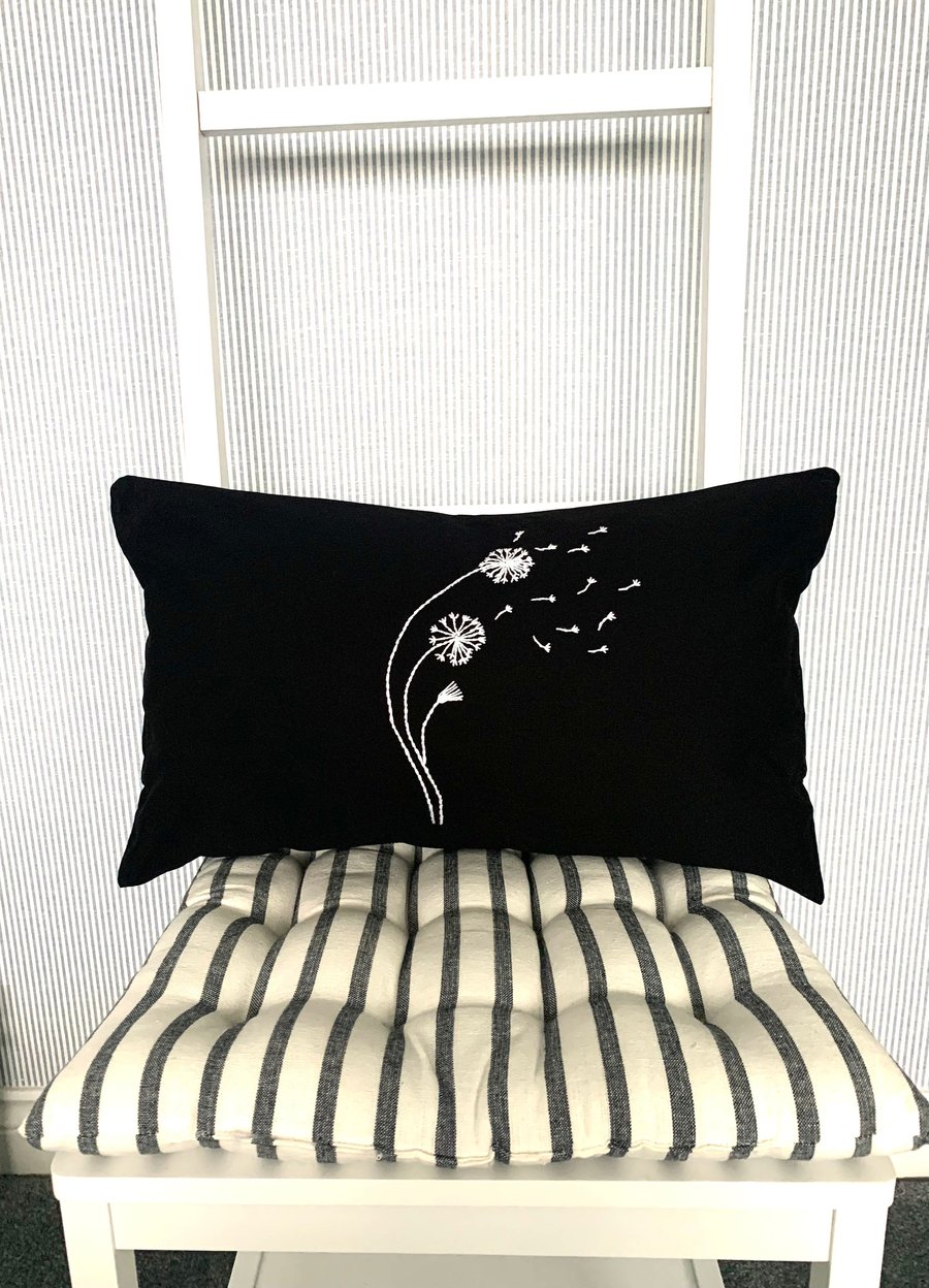 Cushion cover, lumber, Embroidered dandelion  black and white cotton canvas. 