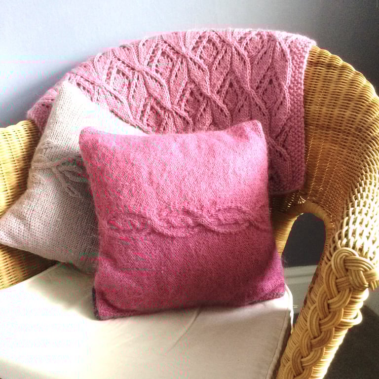 Pink Mohair Cable Cushion with blue and pink tartan back 14" x 14"
