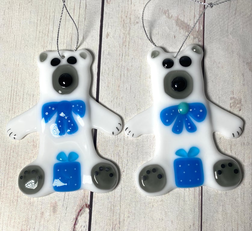 Blue fused glass teddy bear Christmas decoration 
