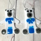 Blue fused glass teddy bear Christmas decoration 
