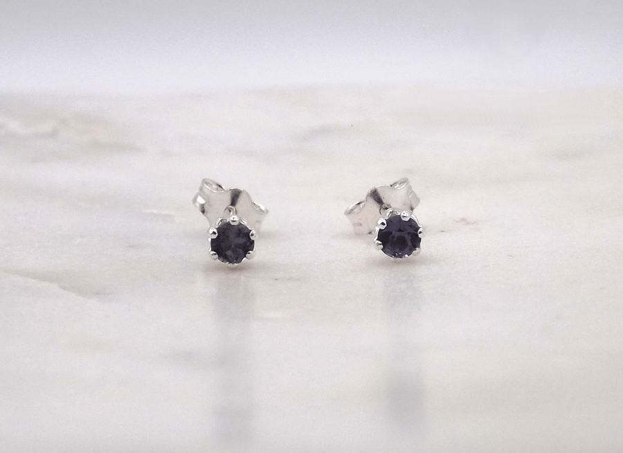 Iolite Facet 3mm Gemstone 6 Prong Sterling Silver Stud Earrings.