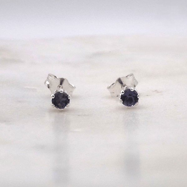 Iolite Facet 3mm Gemstone 6 Prong Sterling Silver Stud Earrings.