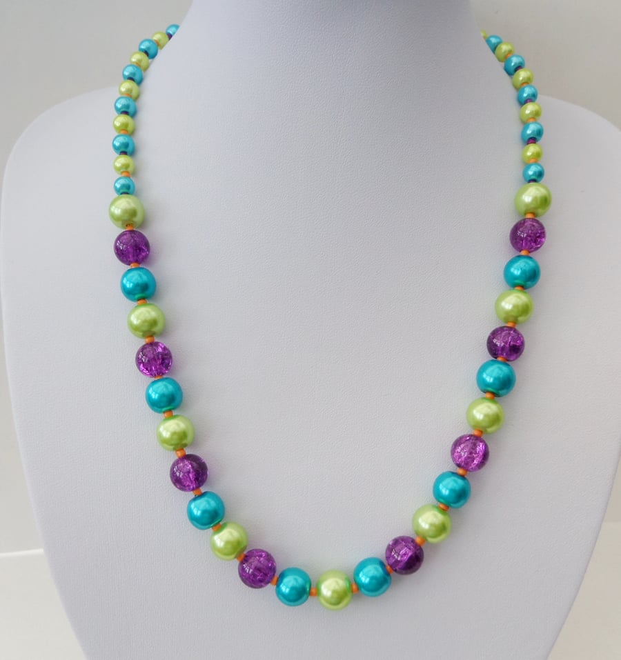 Turquoise, lime green and purple glass bead necklace.