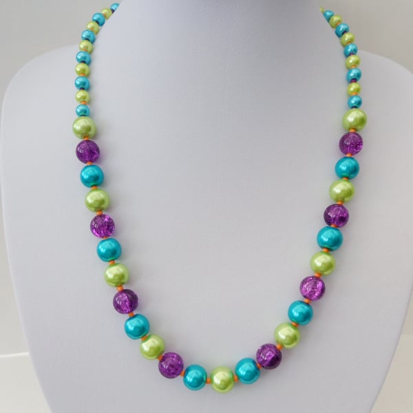 Turquoise, lime green and purple glass bead necklace.