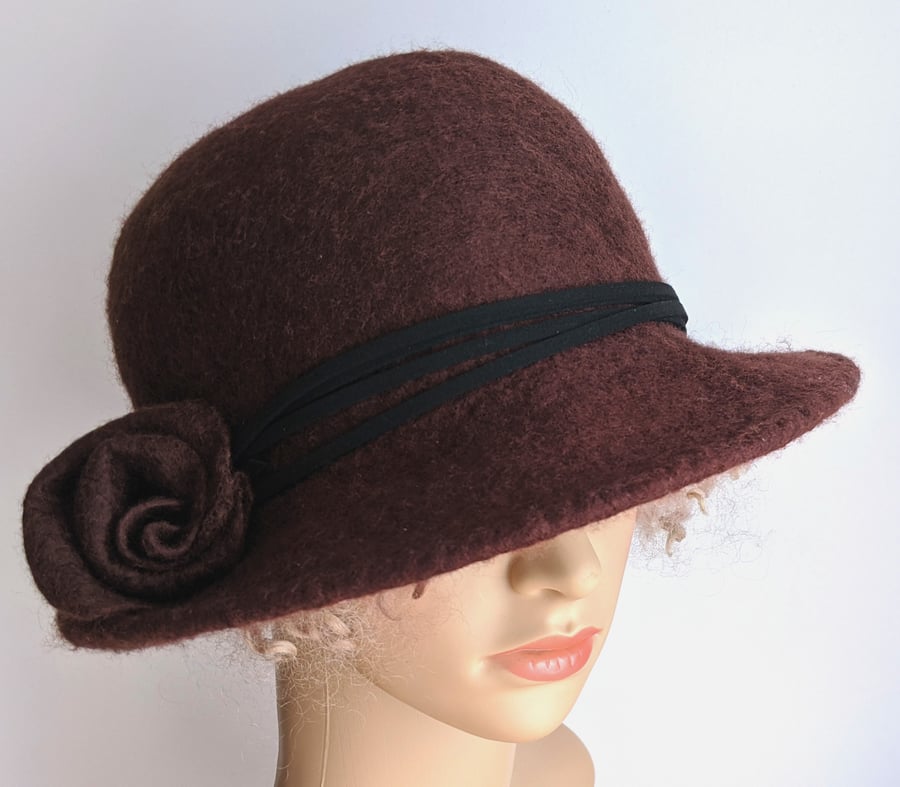 Chocolate brown felted wool bowler inspired hat