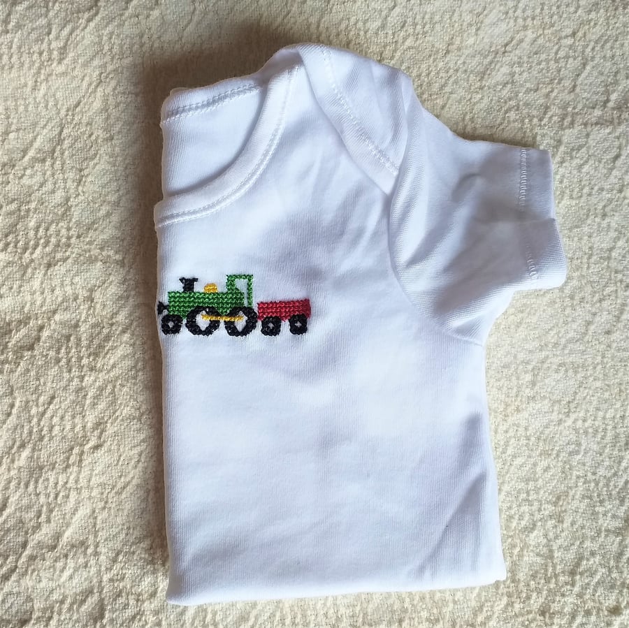 Train Baby Vest age 9-12 months, hand embroidered