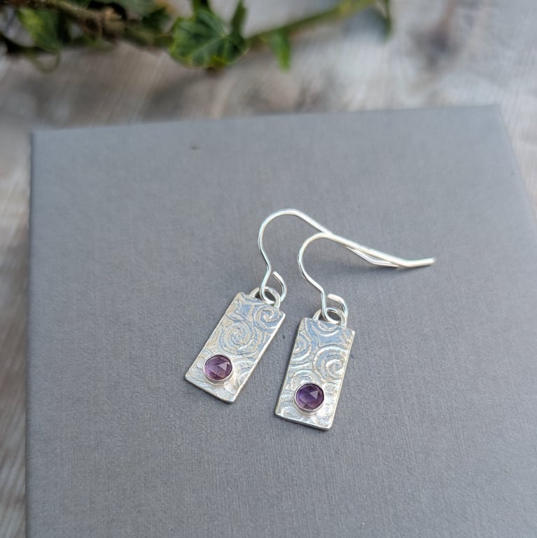 Sterling Silver Swirl Patter Rectangle Earrings with Amethyst - JBJ3038