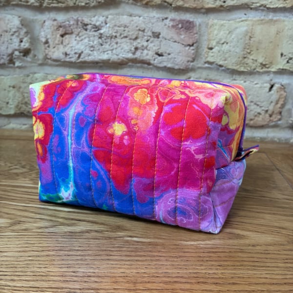 Rainbow Marble Effect Quilted Fabric Box Shape Makeup Bag