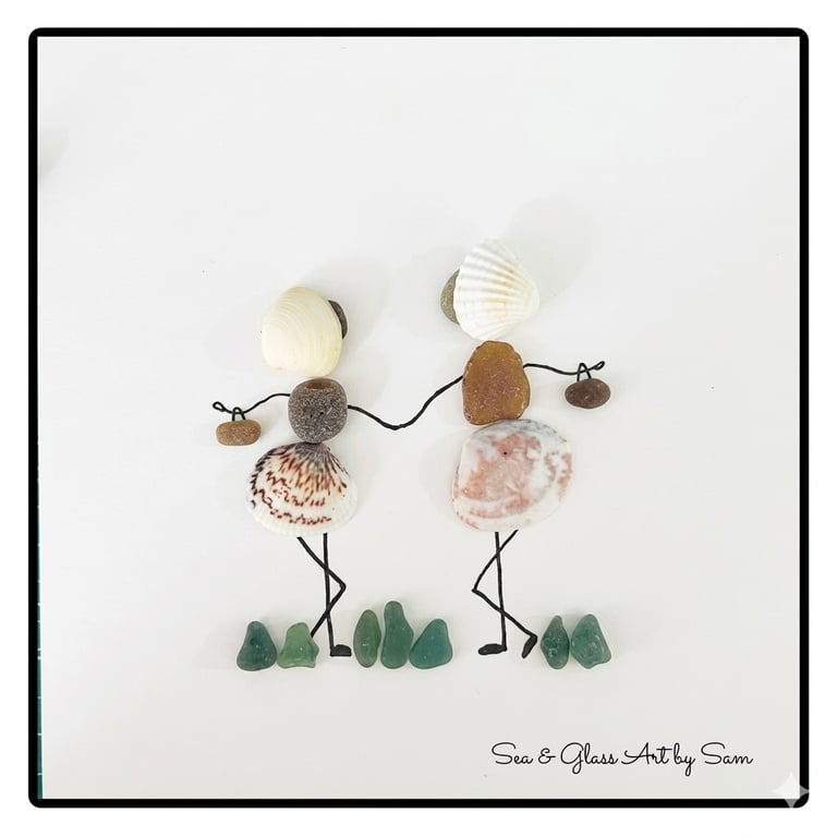Handmade Sea Glass & Shell Shopping Friends Picture - Framed 8x8 Coastal Pebble 