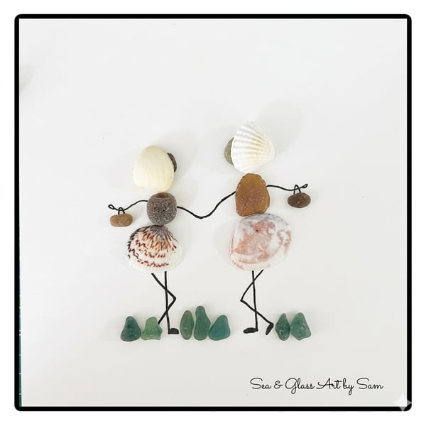 Handmade Sea Glass & Shell Shopping Friends Picture - Framed 8x8 Coastal Pebble 