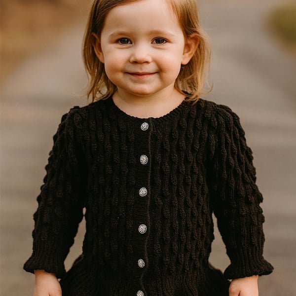 Hand knitted girls black peplum bobble cardigan 24 inch chest 