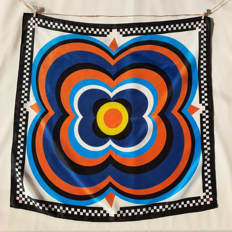 White habotai silk scarf with checkered border and multicolor flower