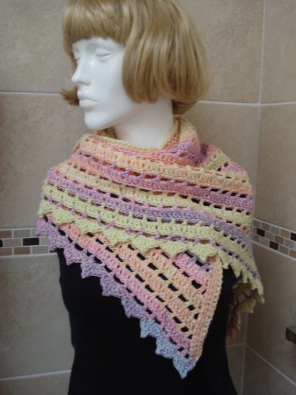 Crochet Triangular Shawl Wrap In Shades Of Blue, Pink, Lemon and Purple