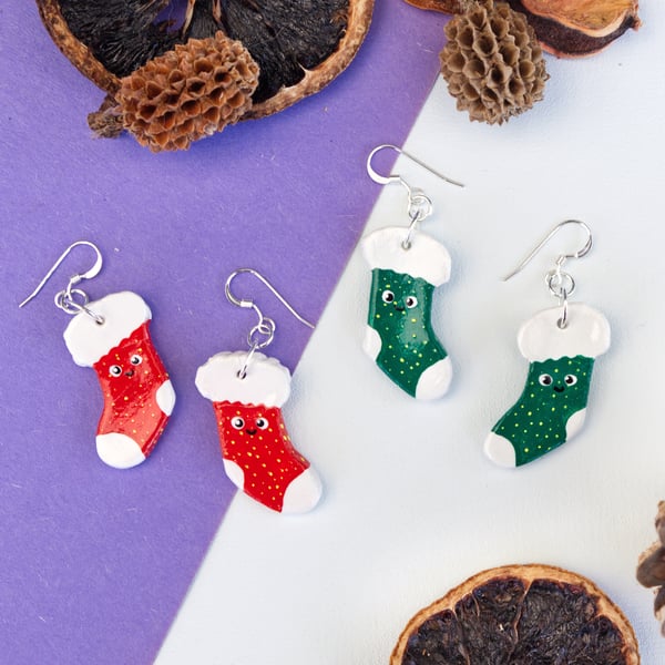 Cosy Christmas Winter Stocking Dangly Painted Clay Earrings