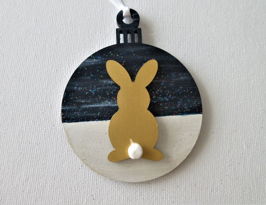 Hanging Decoration Christmas Tree Bauble Bunny Rabbit Midnight Snow Scene