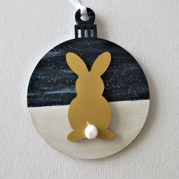 Hanging Decoration Christmas Tree Bauble Bunny Rabbit Midnight Snow Scene