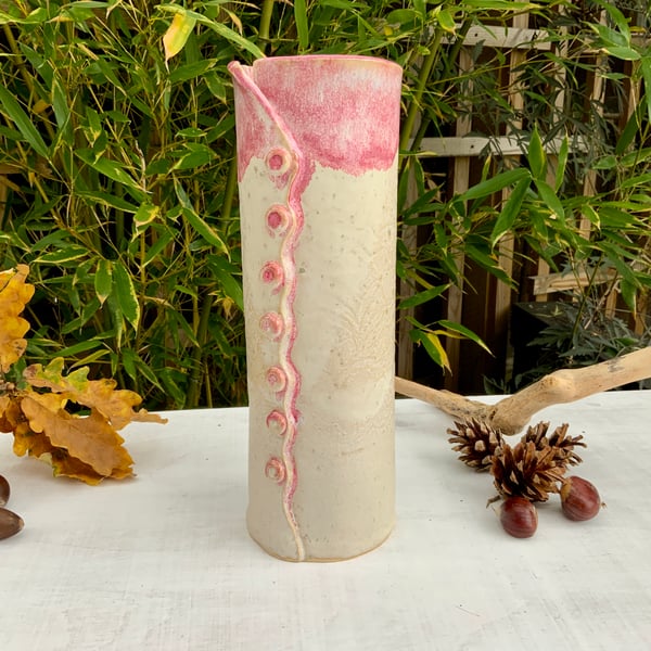 Tall Slim Vase with pink opal & sea salt glaze