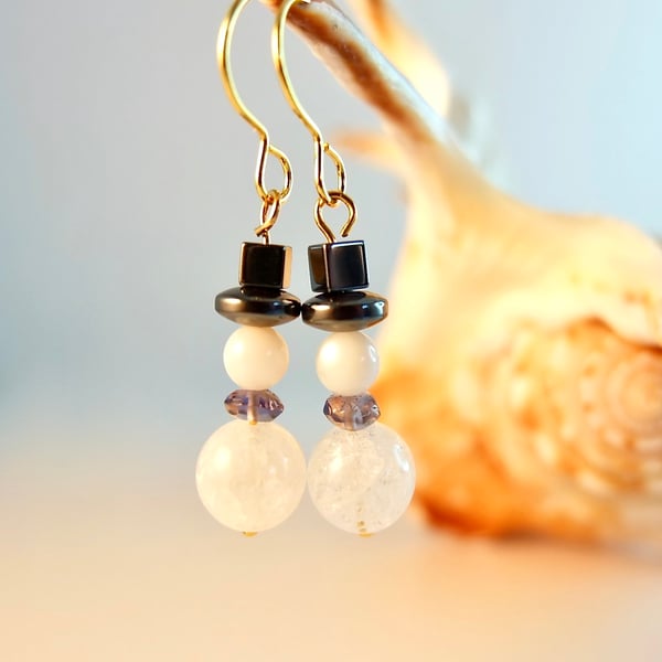 Christmas Earrings - Gemstone Snowmen On Sterling Silver Or Gold Vermeil Wires 