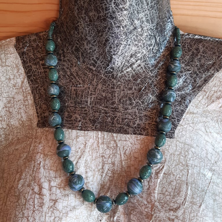 Forest green and ice blue shimmer polymer clay necklace