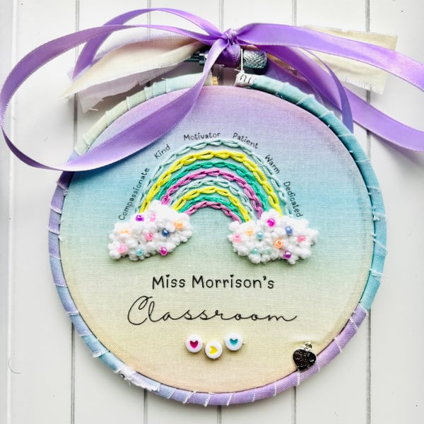 Personalised Rainbow Teacher Gift, Teacher Keepsake Hoop,  Nursery Teacher TA