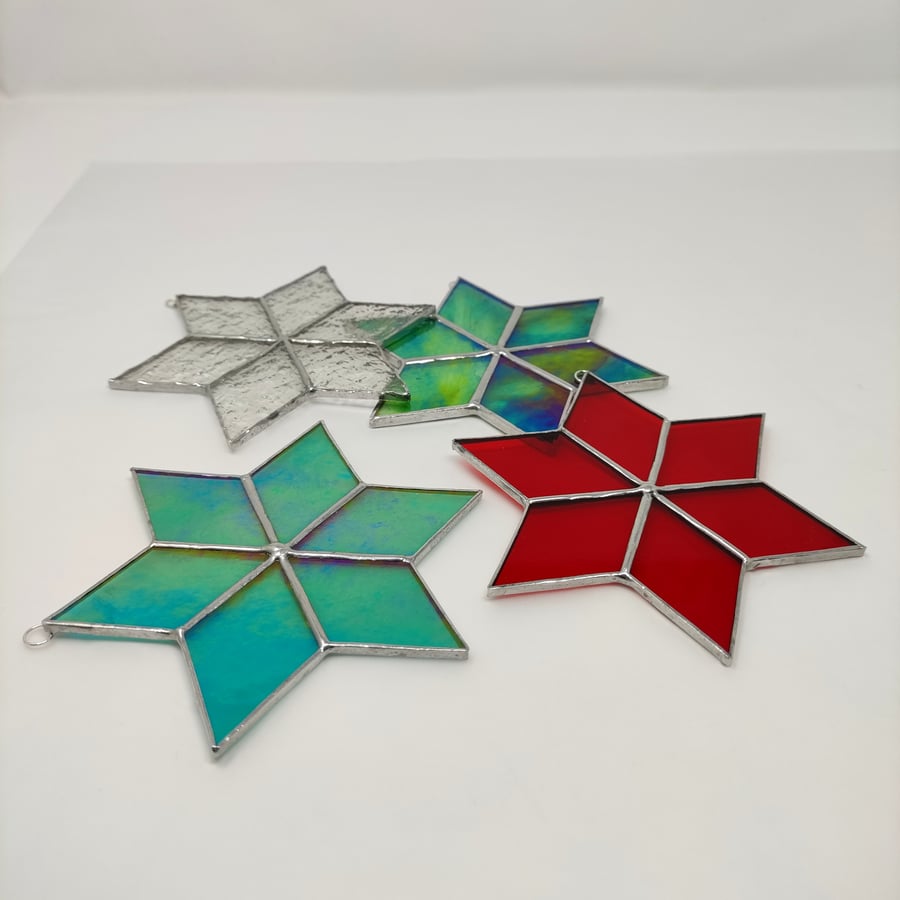 Stained glass six point star hanging copperfoil suncatcher