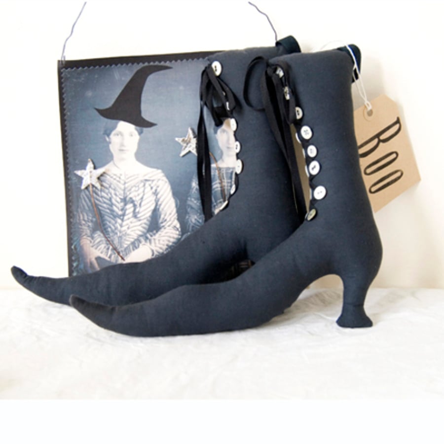 Spooky primitive folk art Halloween witch boots decoration