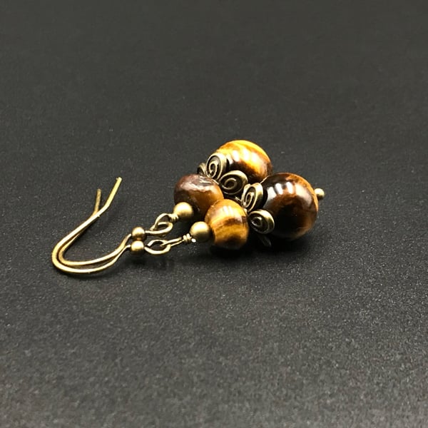 Tiger eye and bronze drop earrings, Capricorn jewelry