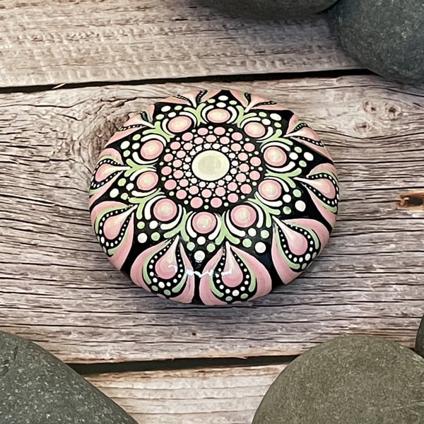 Pink & Green Dot Mandala Hand Painted Art Stone Acrylic Art Painting 