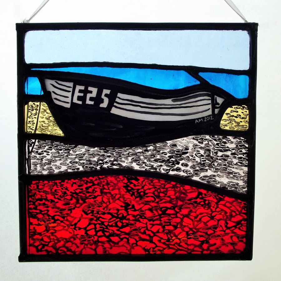 Boat on Budleigh Beach - Contemporary Stained Glass Panel 