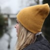 Reversible hand knit alpaca beanie. Double-sided mustard grey warm soft beanie.