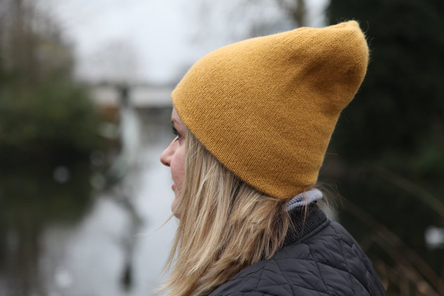 Reversible hand knit alpaca beanie. Double-sided mustard grey warm soft beanie. 