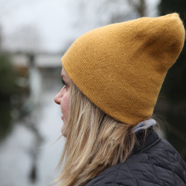 Reversible hand knit alpaca beanie. Double-sided mustard grey warm soft beanie. 
