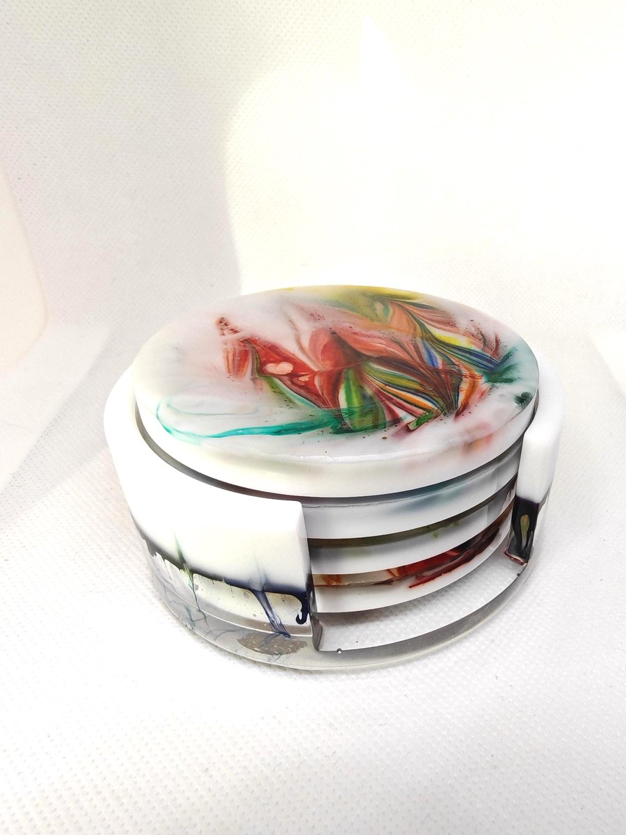 Resin Coaster Set with Holder: Abstract Ink Style, Handmade Home Decor