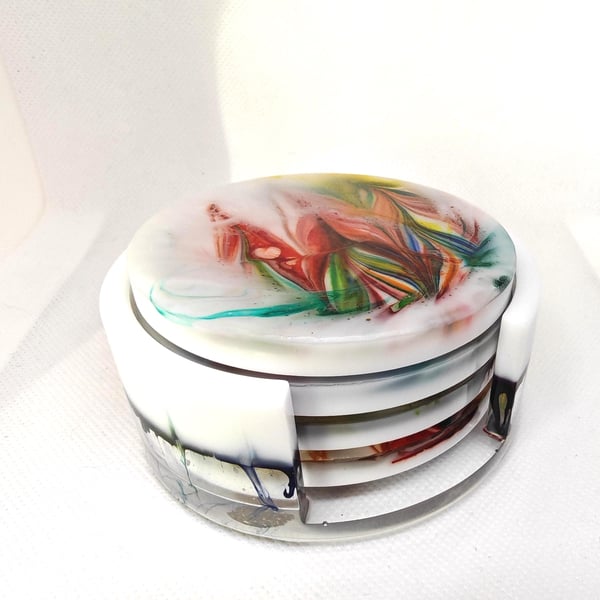 Resin Coaster Set with Holder: Abstract Ink Style, Handmade Home Decor