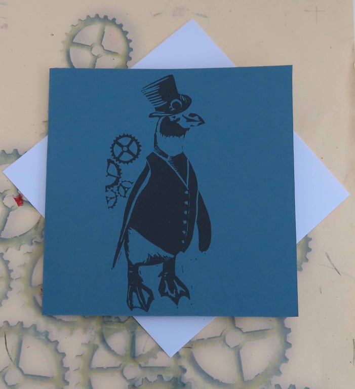 Steampunk Penguin Art Greeting Card From Original Lino Cut Print Blue
