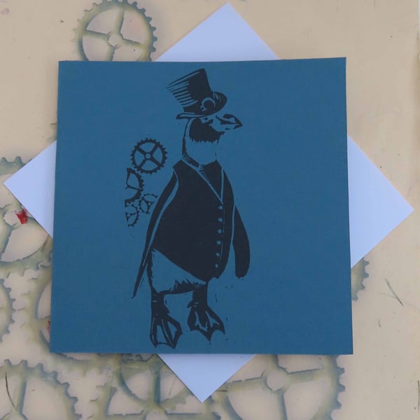 Steampunk Penguin Art Greeting Card From Original Lino Cut Print Blue