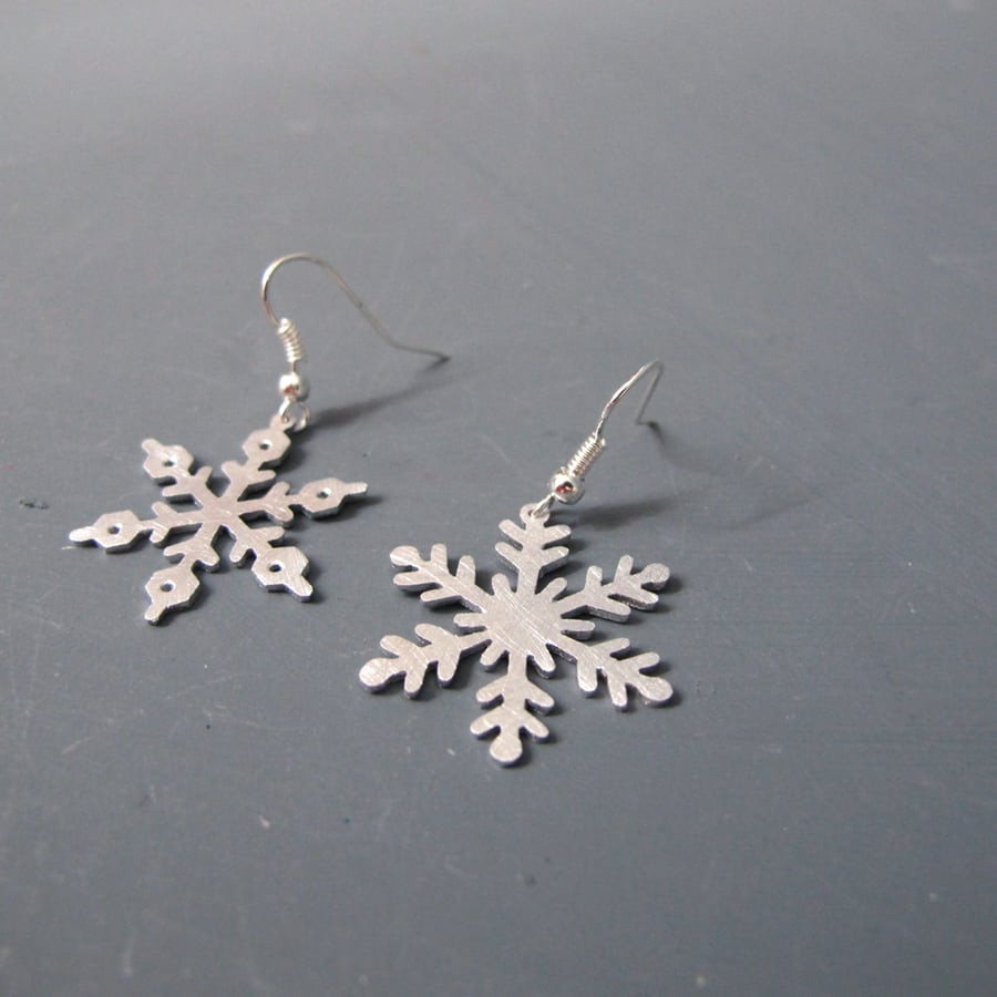 Large Asymmetric  Aluminium Snowflake Drop Earrings