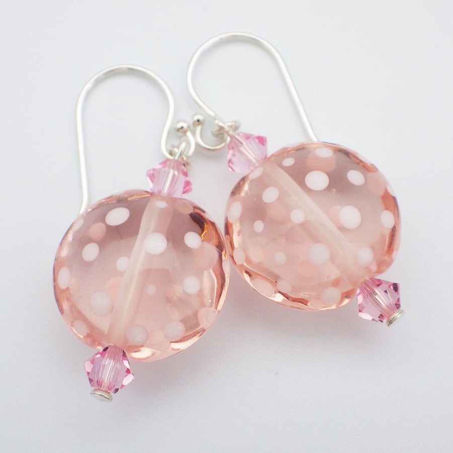 Spotty pink lampwork lentil bead earrings