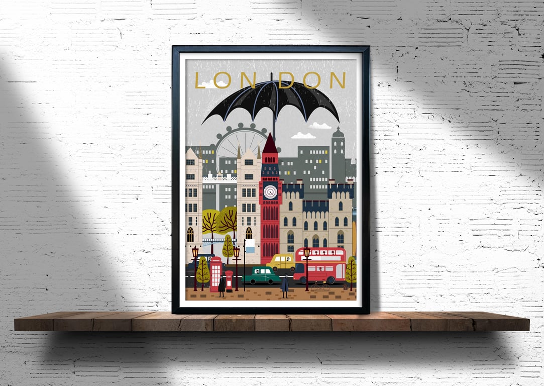 London retro travel poster, London city print, England travel poster
