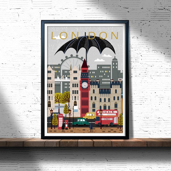 London retro travel poster, London city print, England travel poster