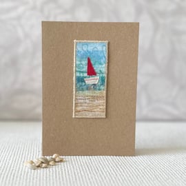 Blank Sailing Boat Mixed Media Textile Greetings Card 