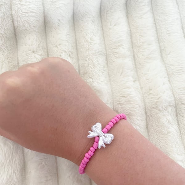 Pink Seed Bead Bow Bracelet