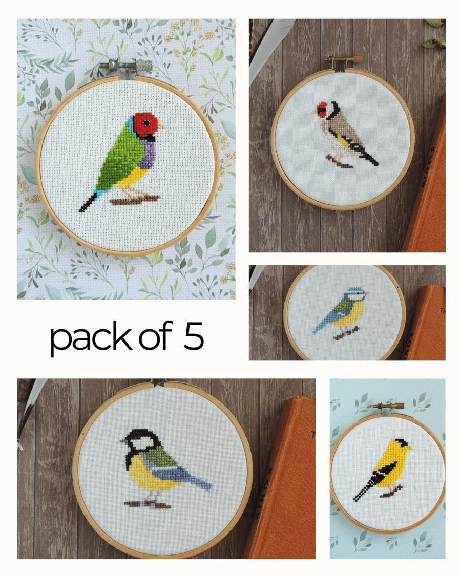 SECONDS SUNDAY - pack of 5 printed paper cross stitch bird patterns 