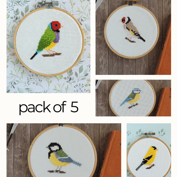 SECONDS SUNDAY - pack of 5 printed paper cross stitch bird patterns 