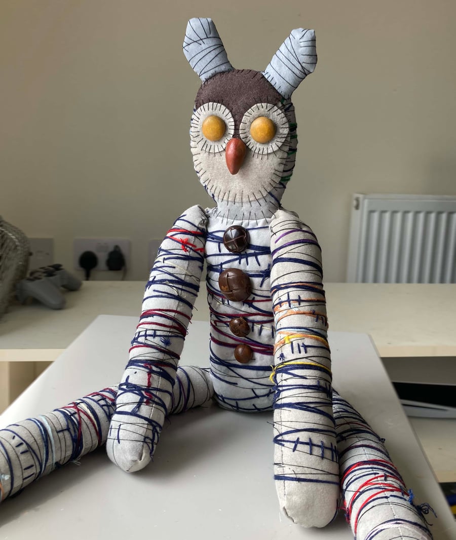 Original Mixed Media Textile Art Sculpture Doll, Stuffed Owl, Stolas