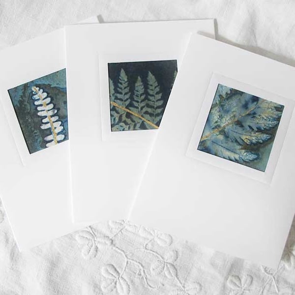 3 BOTANICAL CYANOTYPE PRINT CARDS WITH GOLD LEAF 