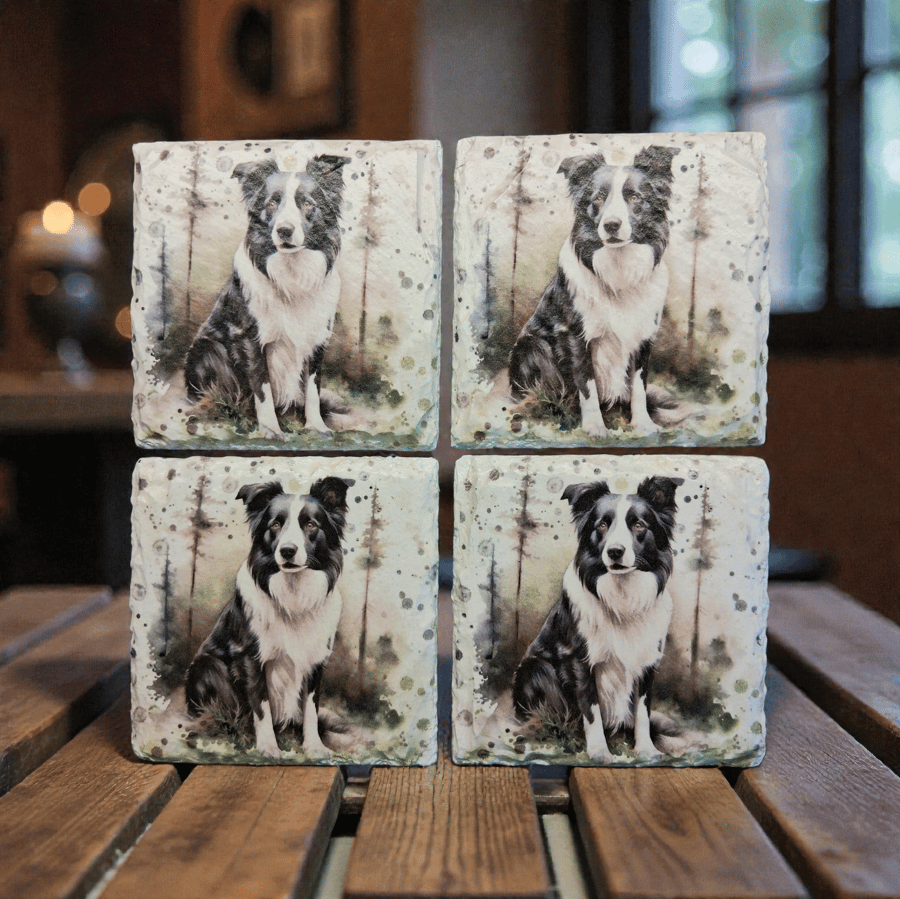 Border Collie Dog Decoupaged Slate Coasters Set of 4